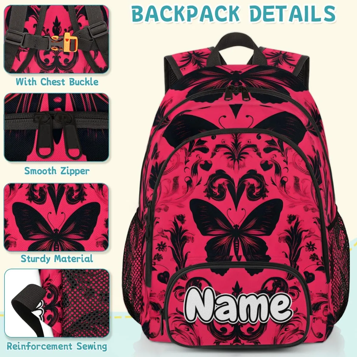 Cool Vintage Butterfly Large Custom Backpack with Name Lightweight Personalized Shoulder Bag Backpack for Women Men Waterproof Casual Daypack Laptop Bag 16.7in