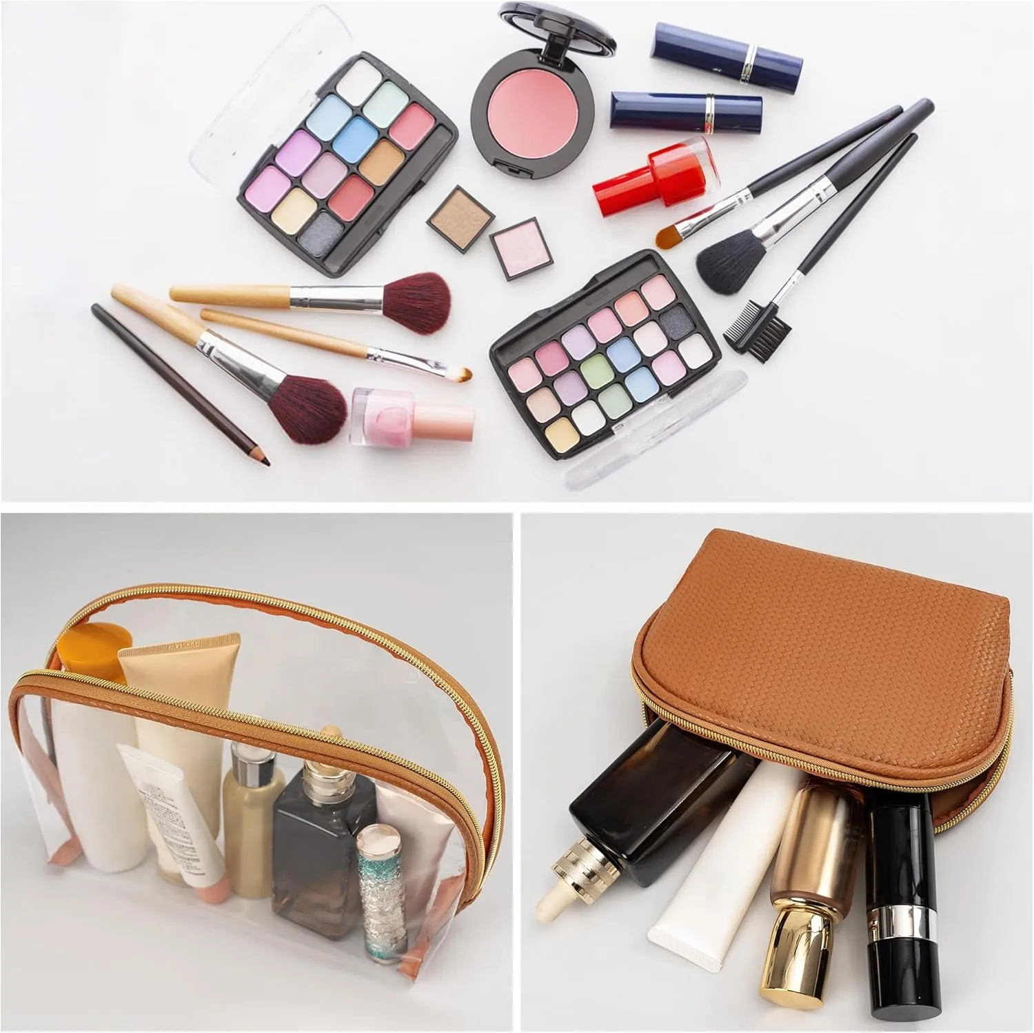 Cosmetic Bag for Women, Travel Makeup Bags 2 Pack, Waterproof Protable Toiletry Pouch Purse with Zipper, Clear Make up Organizer Case for Skincare Toiletries Accessories(Brown)