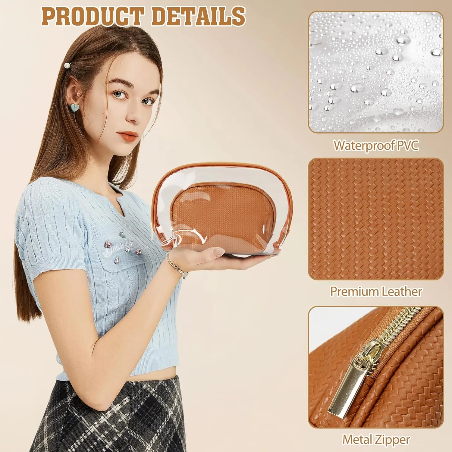 Cosmetic Bag for Women, Travel Makeup Bags 2 Pack, Waterproof Protable Toiletry Pouch Purse with Zipper, Clear Make up Organizer Case for Skincare Toiletries Accessories(Brown)