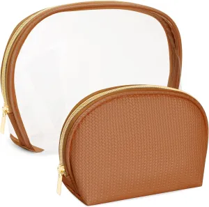 Cosmetic Bag for Women, Travel Makeup Bags 2 Pack, Waterproof Protable Toiletry Pouch Purse with Zipper, Clear Make up Organizer Case for Skincare Toiletries Accessories(Brown)