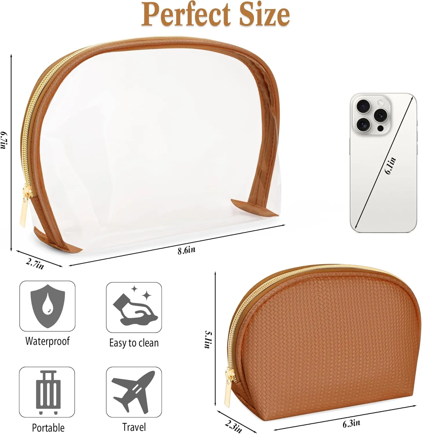 Cosmetic Bag for Women, Travel Makeup Bags 2 Pack, Waterproof Protable Toiletry Pouch Purse with Zipper, Clear Make up Organizer Case for Skincare Toiletries Accessories(Brown)