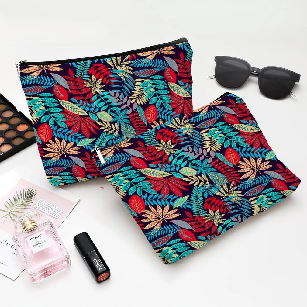 Cosmetic Bags for Women Cute Makeup Bag for Purse Canvas Travel Toiletry Bag Funny Zipper Pouch-Blue Leaf Makeup Bags
