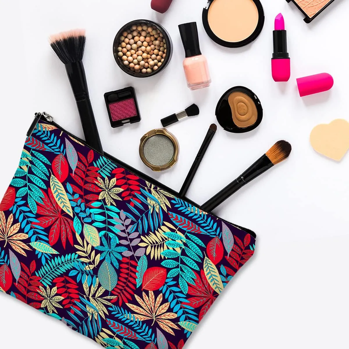 Cosmetic Bags for Women Cute Makeup Bag for Purse Canvas Travel Toiletry Bag Funny Zipper Pouch-Blue Leaf Makeup Bags