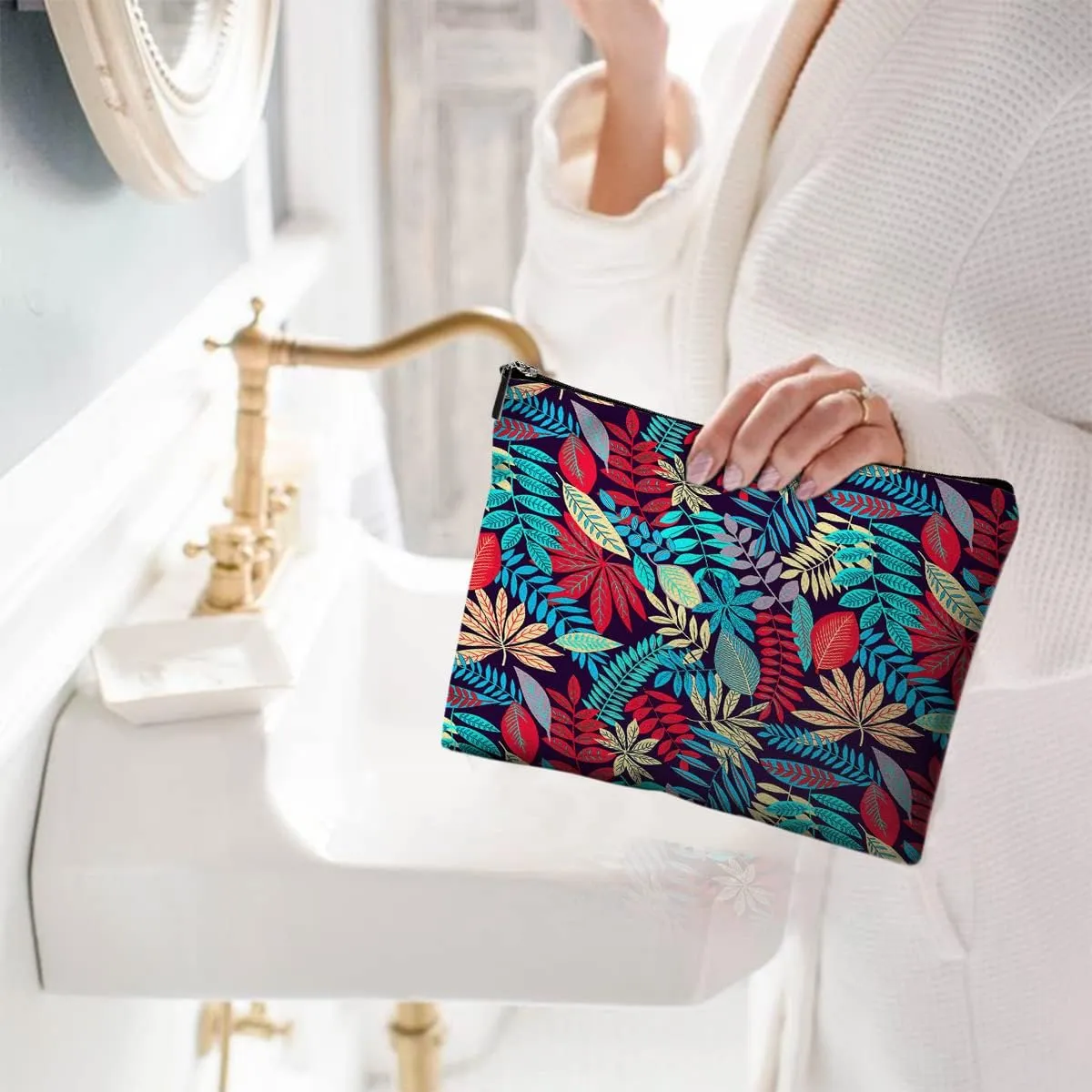 Cosmetic Bags for Women Cute Makeup Bag for Purse Canvas Travel Toiletry Bag Funny Zipper Pouch-Blue Leaf Makeup Bags