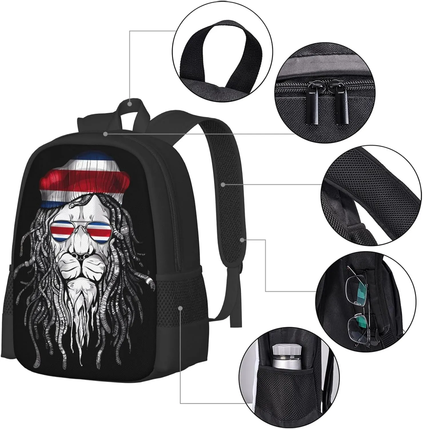 Costa Rica Flag Lion Casual Backpack Large Capacity Backpacks 15 Inch Laptop Back Pack Travel Rucksack Daypack Commuter Bags with Adjustable Strap for Camping