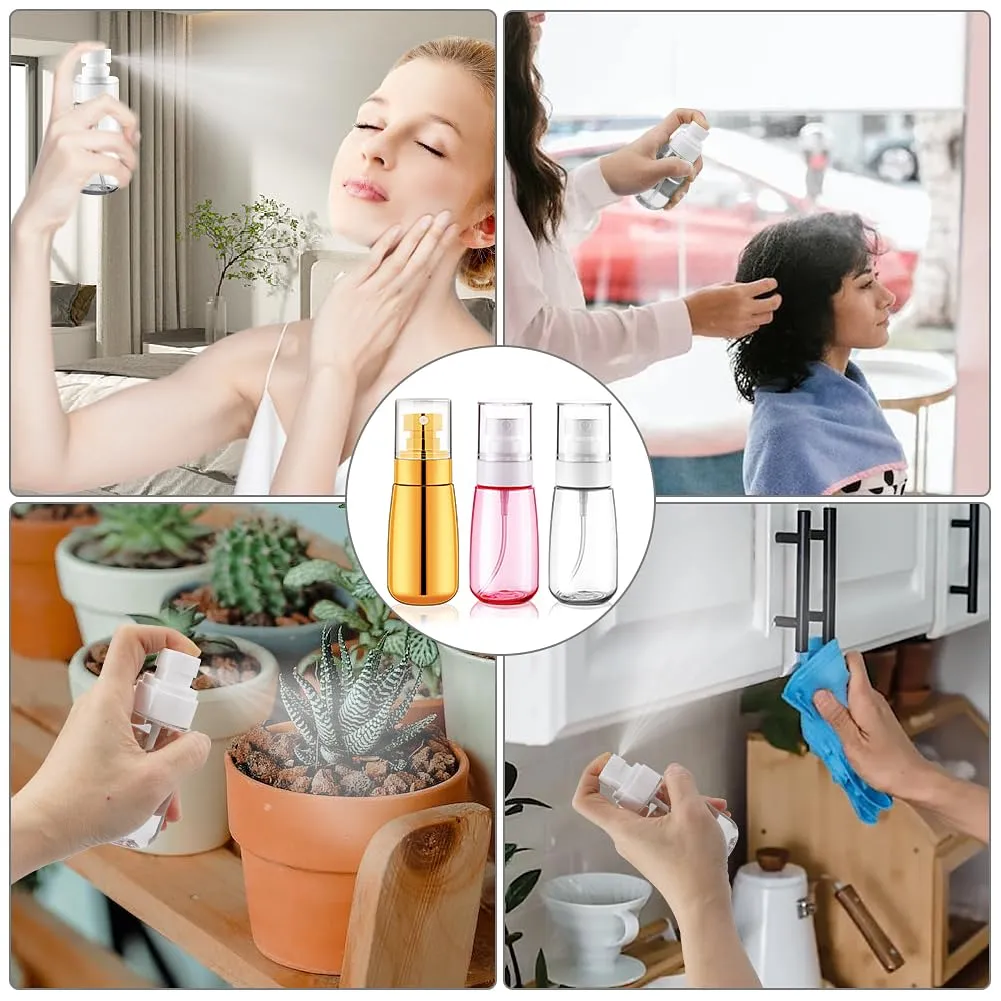 Cosywell Travel Spray Bottle 3 Pack 2oz 60ml Leak Proof TSA Approved Fine Mist Spray Bottle Empty Plastic Refillable Containers for Hair Perfume Toners Rose Water Cosmetics(Gold Pink Clear)