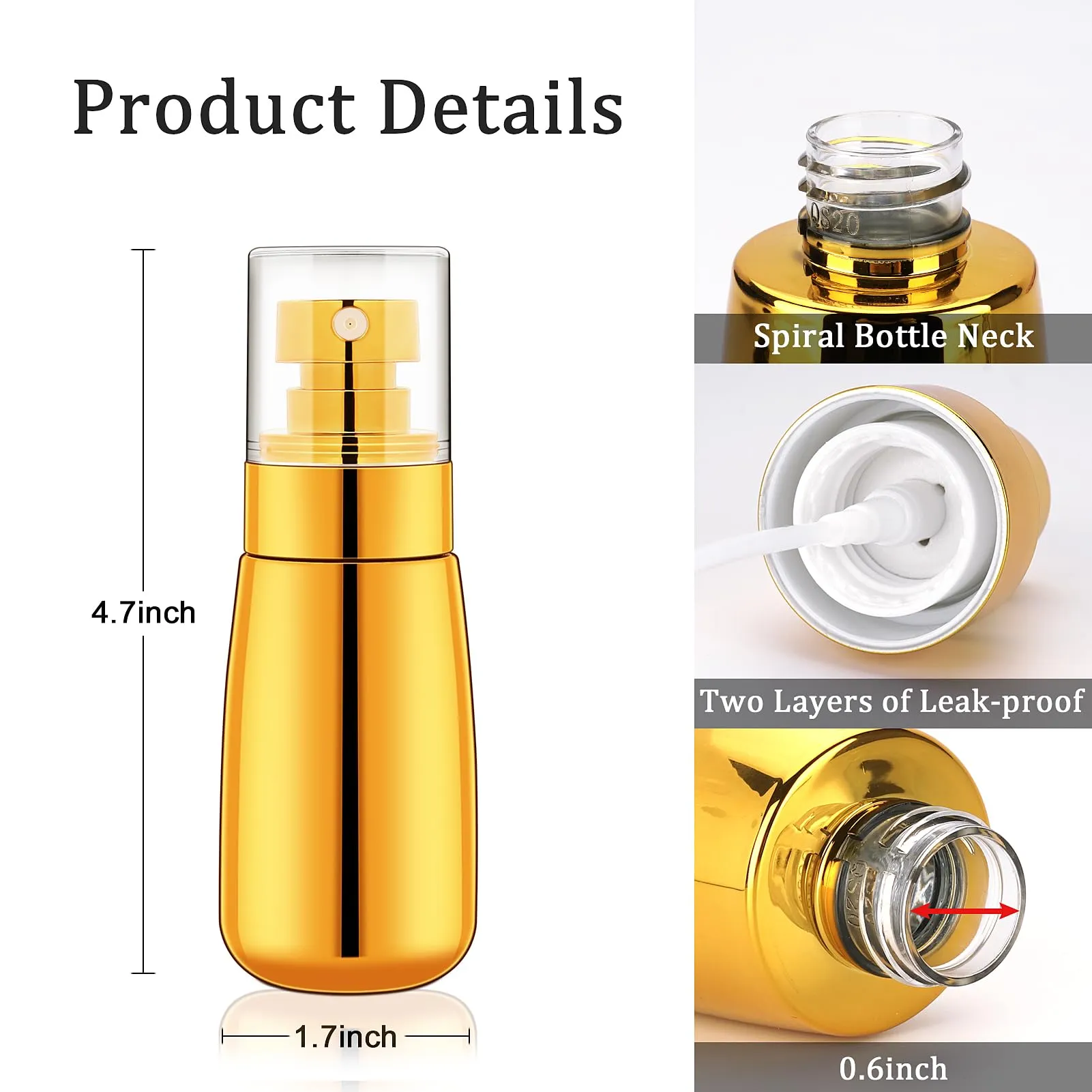 Cosywell Travel Spray Bottle 3 Pack 2oz 60ml Leak Proof TSA Approved Fine Mist Spray Bottle Empty Plastic Refillable Containers for Hair Perfume Toners Rose Water Cosmetics(Gold Pink Clear)
