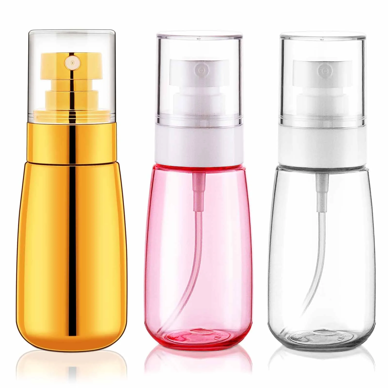 Cosywell Travel Spray Bottle 3 Pack 2oz 60ml Leak Proof TSA Approved Fine Mist Spray Bottle Empty Plastic Refillable Containers for Hair Perfume Toners Rose Water Cosmetics(Gold Pink Clear)