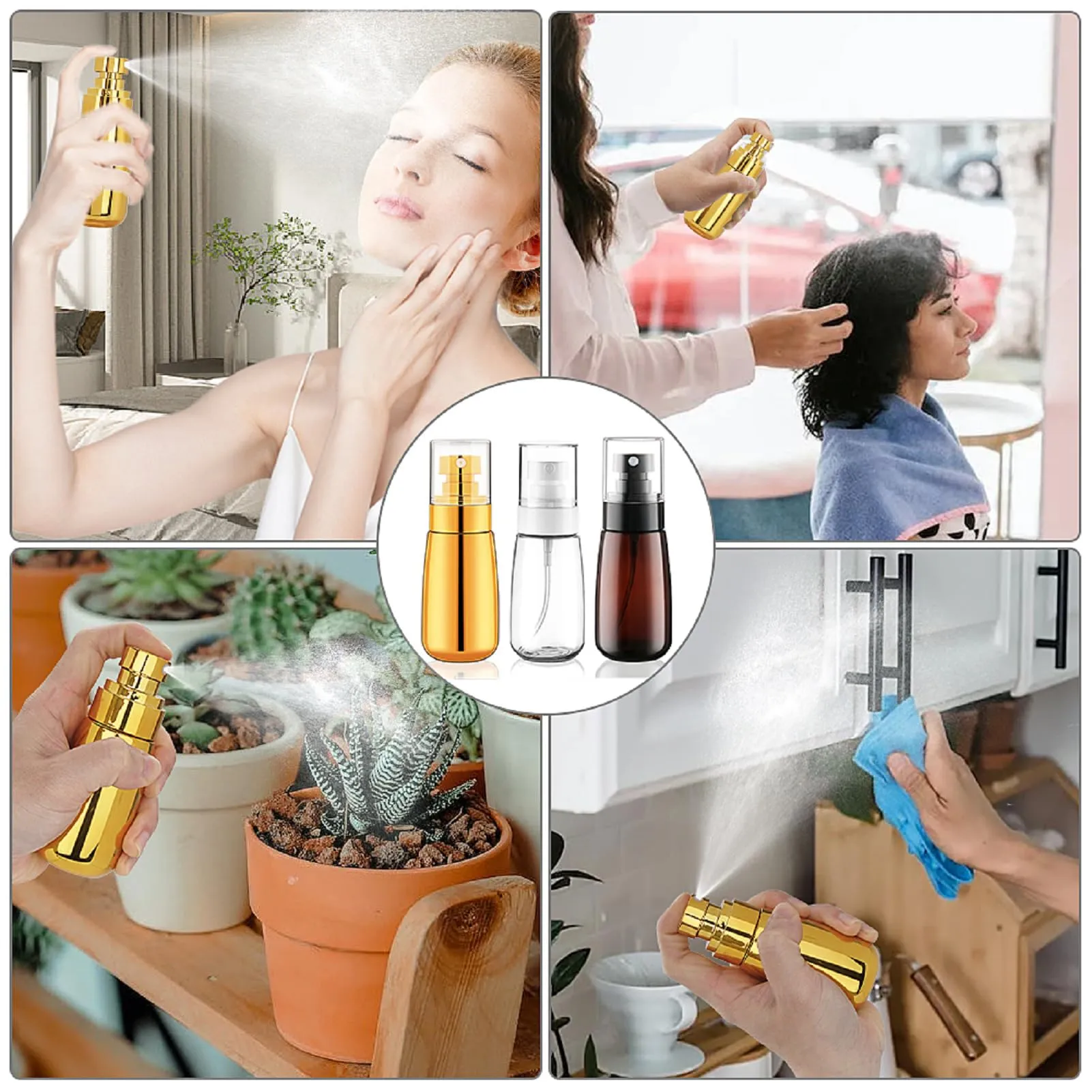 Cosywell Travel Spray Bottle TSA Approved 3 Pack 2oz 60ml Leak Proof Fine Mist Spray Bottle Empty Plastic Refillable Containers for Hair Perfume Toners Rose Water Cosmetics(Brown Clear Glod)