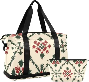 Cottage Style Color To Red and Dark Green Luggage Travel Bag Weekender/Overnight Duffel with Toiletry Bag for Airplane Traveling 2 Pcs Set