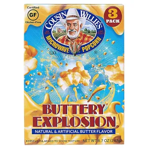 Cousin Willie's Microwave Popcorn Bags, Buttery Explosion (4 Boxes, 12 Bags), Gourmet Popcorn Boxes for Party, Whole Grain Popcorn, Gluten Free, Low Calorie Healthy Snack, Made in USA, non-GMO
