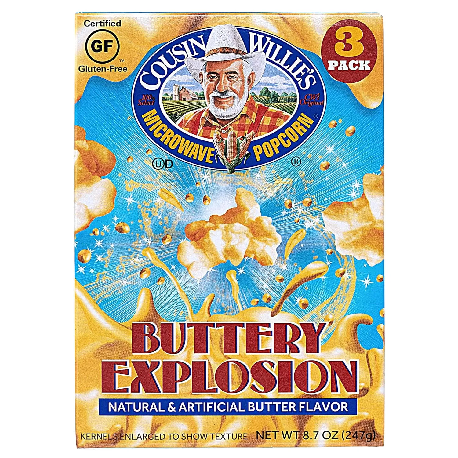Cousin Willie's Microwave Popcorn Bags, Buttery Explosion (4 Boxes, 12 Bags), Gourmet Popcorn Boxes for Party, Whole Grain Popcorn, Gluten Free, Low Calorie Healthy Snack, Made in USA, non-GMO