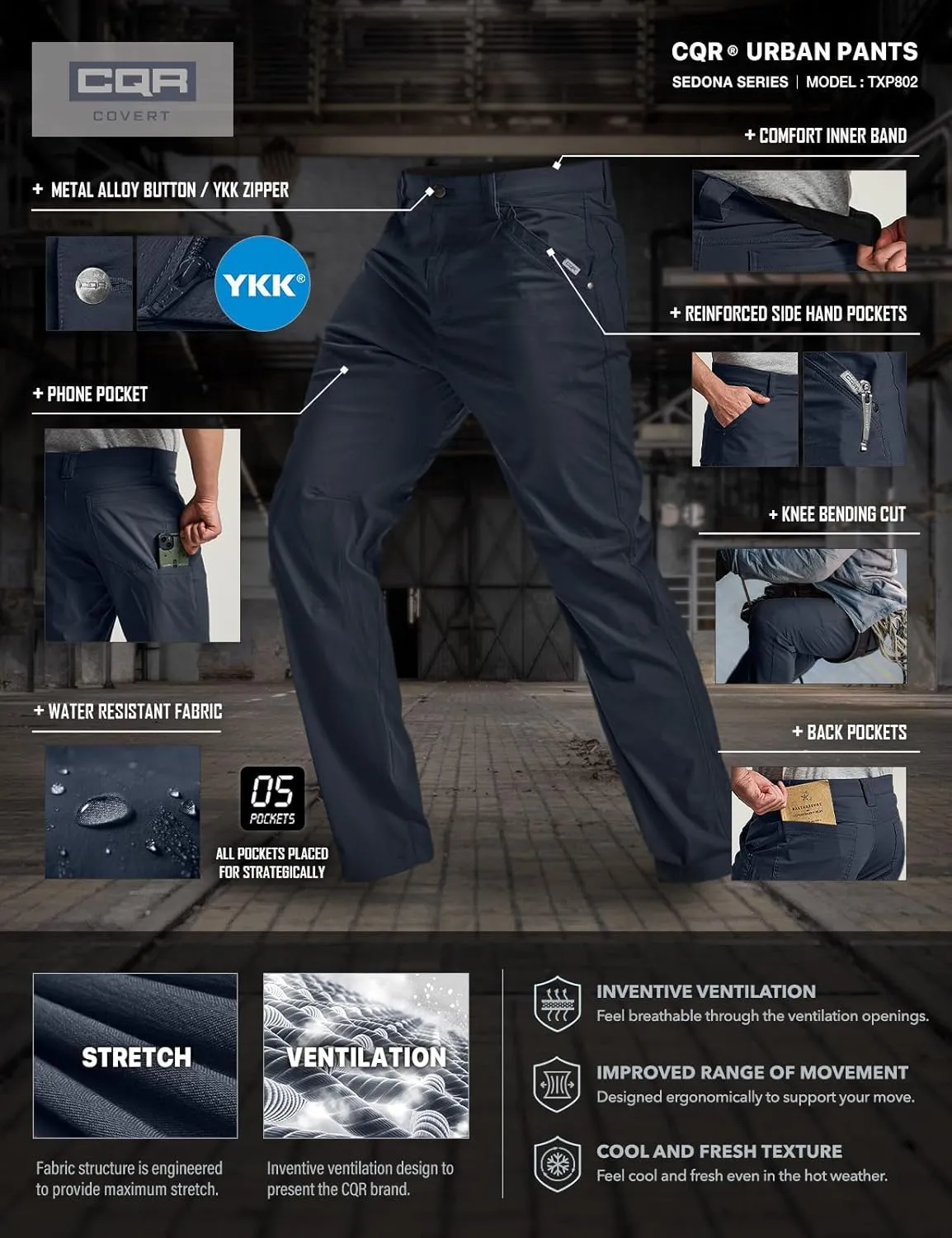 CQR Men's Vent Stretch Pants, Quick Dry Lightweight Casual Cargo Pants, Water Resistant Straight-Fit Utility Work Pants