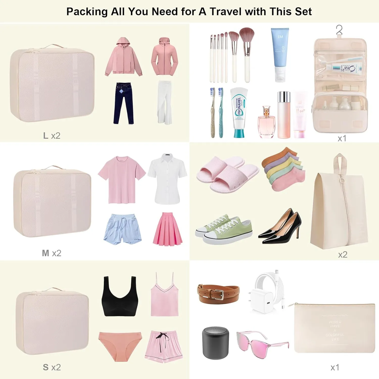 Cream Packing Cubes Set - 10 Travel Organizers for Luggage, Suitcase Essentials