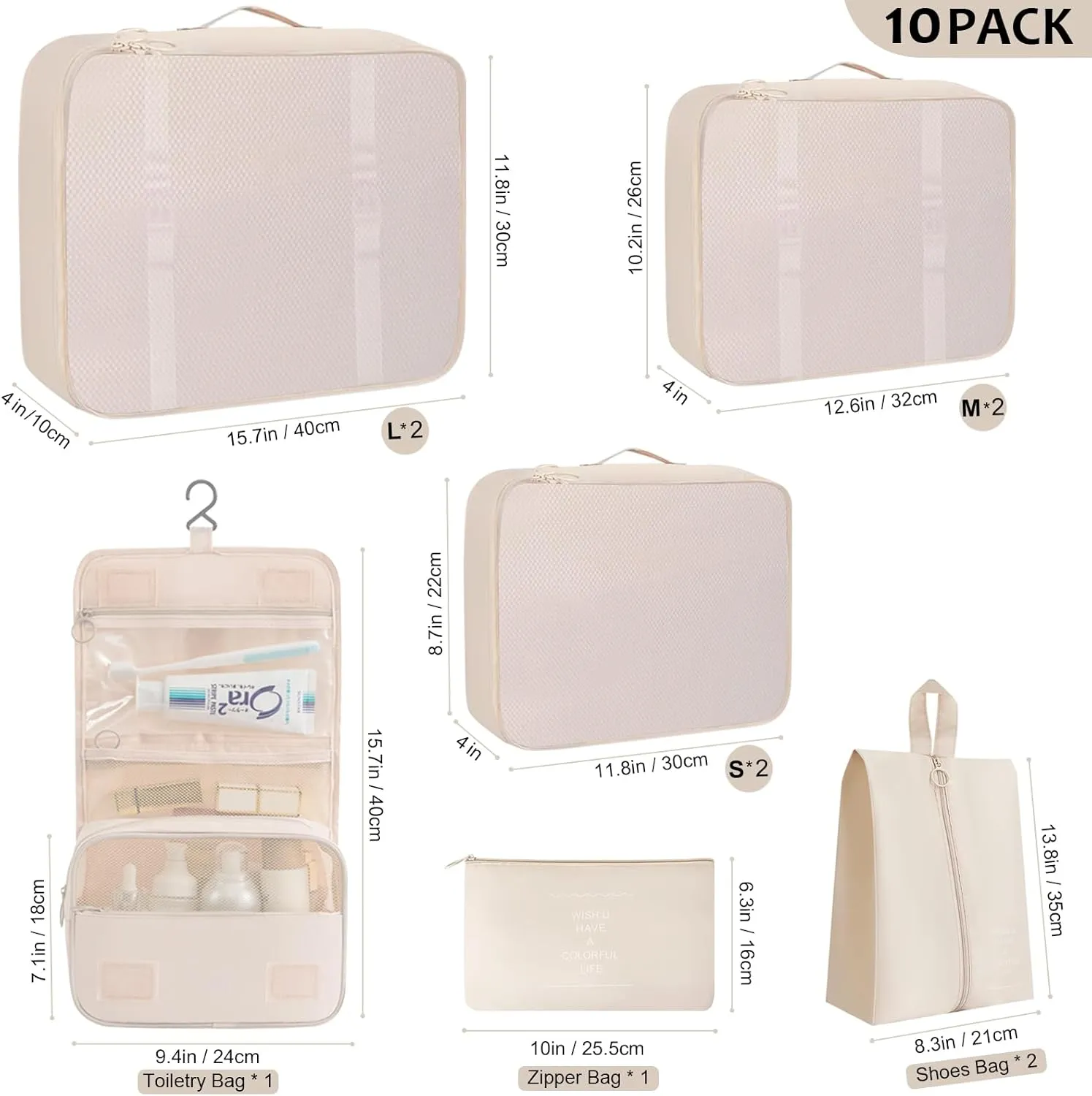 Cream Packing Cubes Set - 10 Travel Organizers for Luggage, Suitcase Essentials