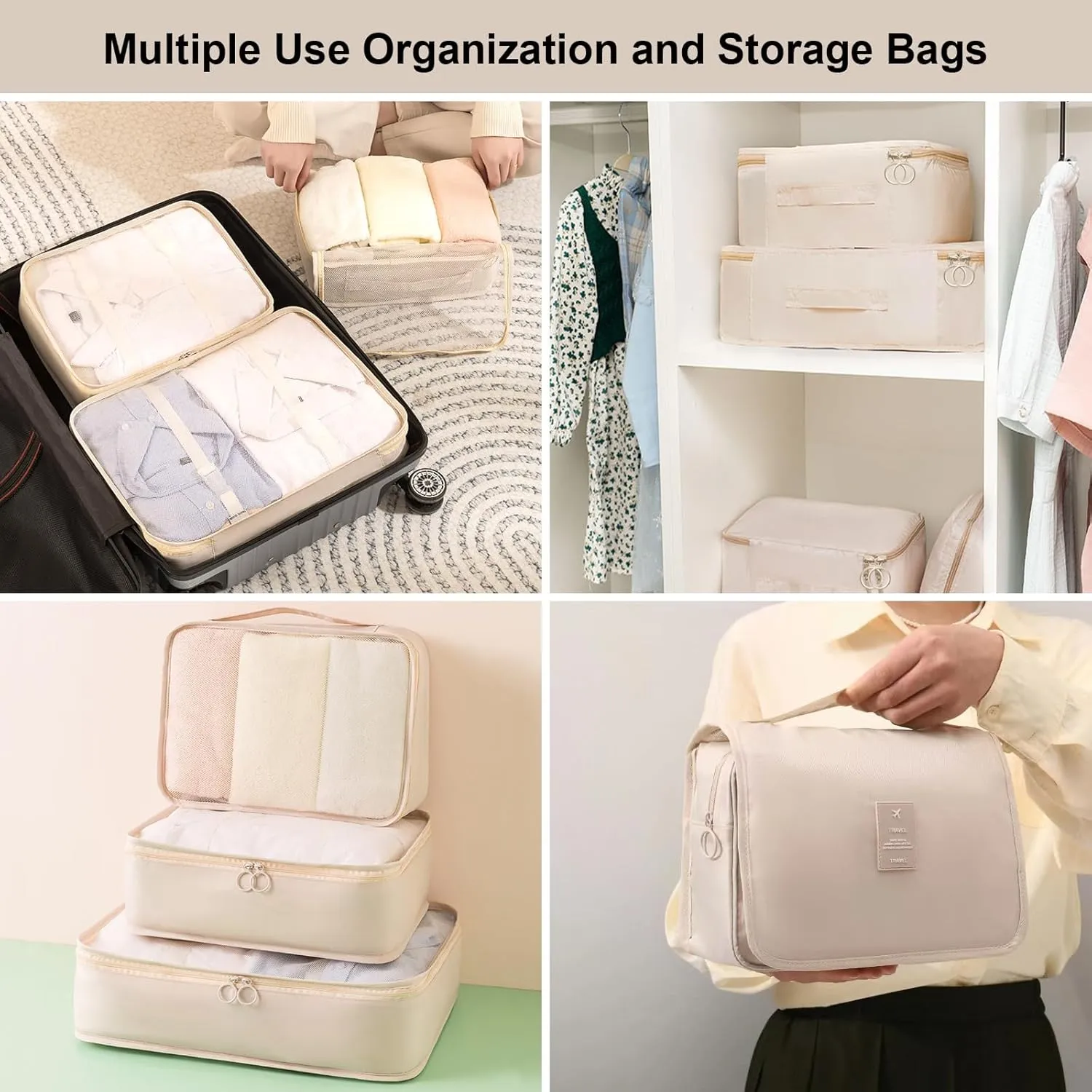 Cream Packing Cubes Set - 10 Travel Organizers for Luggage, Suitcase Essentials