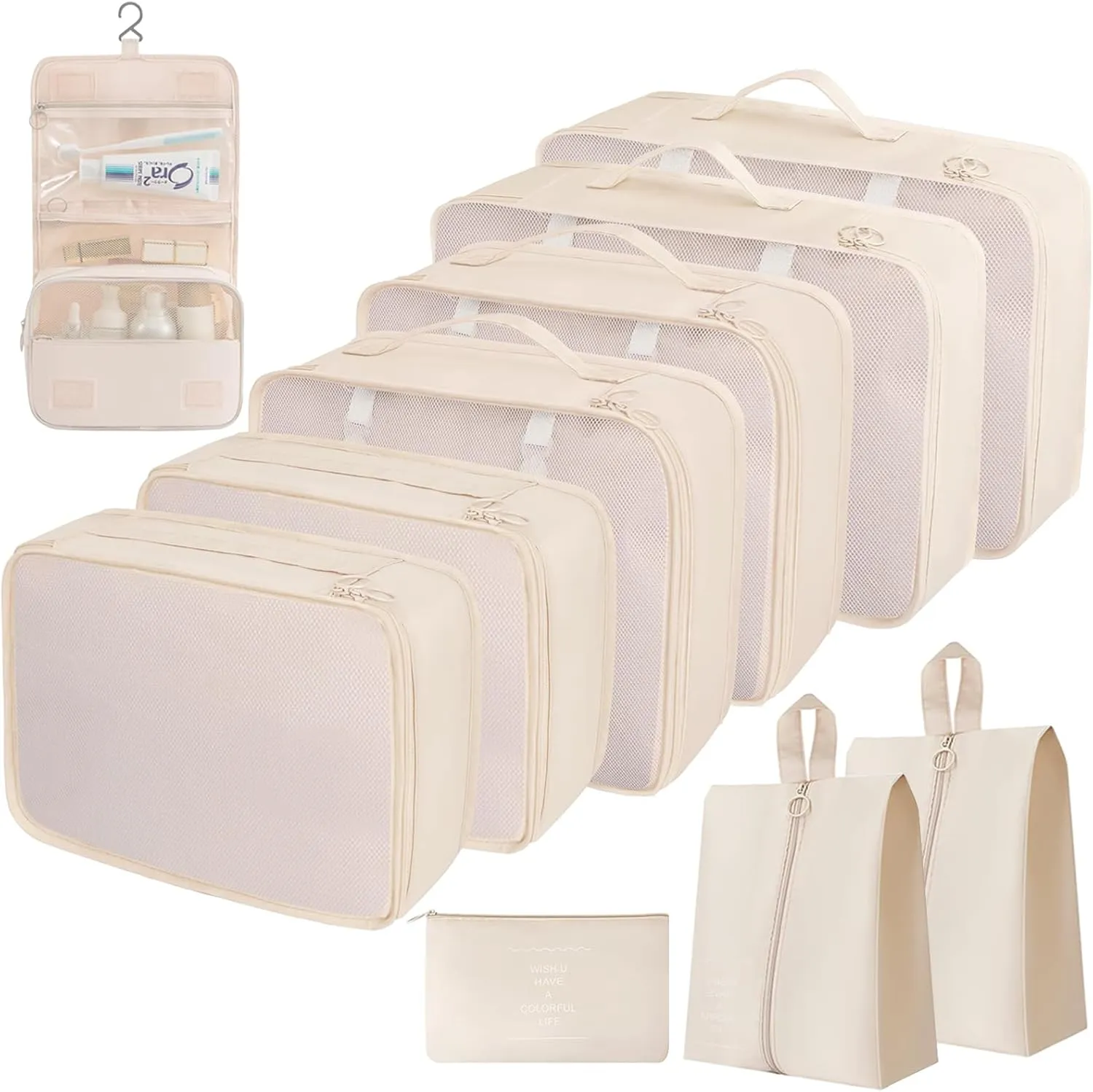 Cream Packing Cubes Set - 10 Travel Organizers for Luggage, Suitcase Essentials