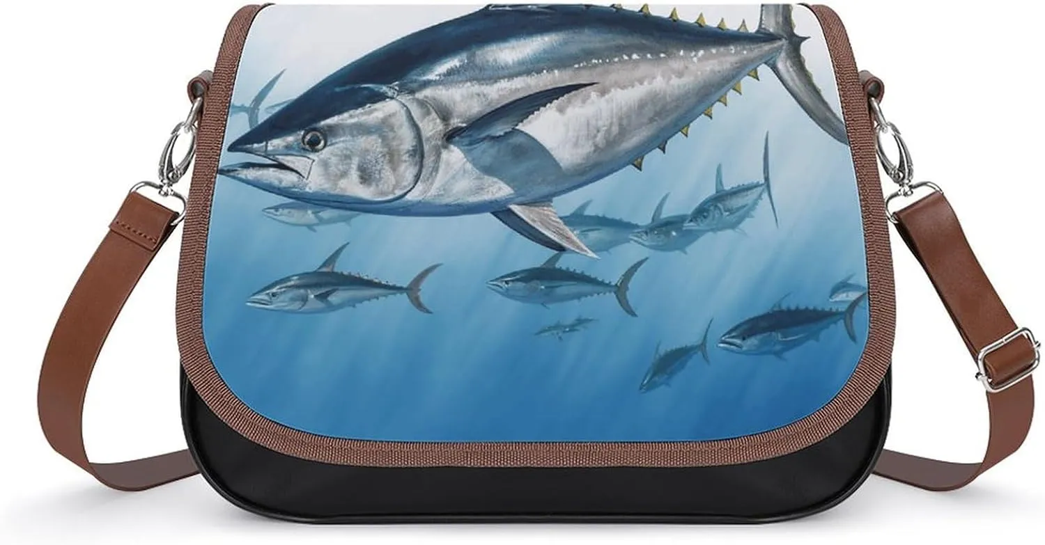 Crossbody Bag,Bluefin Tuna Thunnus Print Leather Crossbody Bag,flapover Crossbody Bag,crossover Shoulder Bag with Adjustable Strap & Flip
