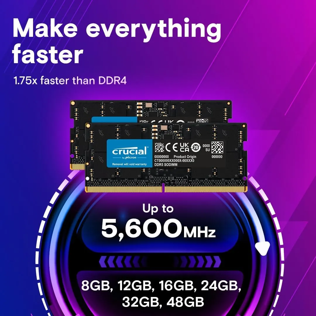 Crucial 32GB DDR5 RAM, 5200MHz (or 4800MHz) Laptop Memory, SODIMM 262-Pin, Compatible with 13th Gen Intel Core and AMD Ryzen 7000 - CT32G52C42S5