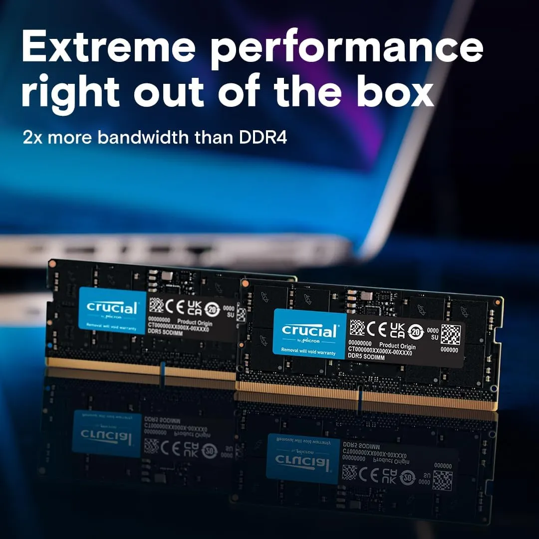 Crucial 32GB DDR5 RAM, 5200MHz (or 4800MHz) Laptop Memory, SODIMM 262-Pin, Compatible with 13th Gen Intel Core and AMD Ryzen 7000 - CT32G52C42S5