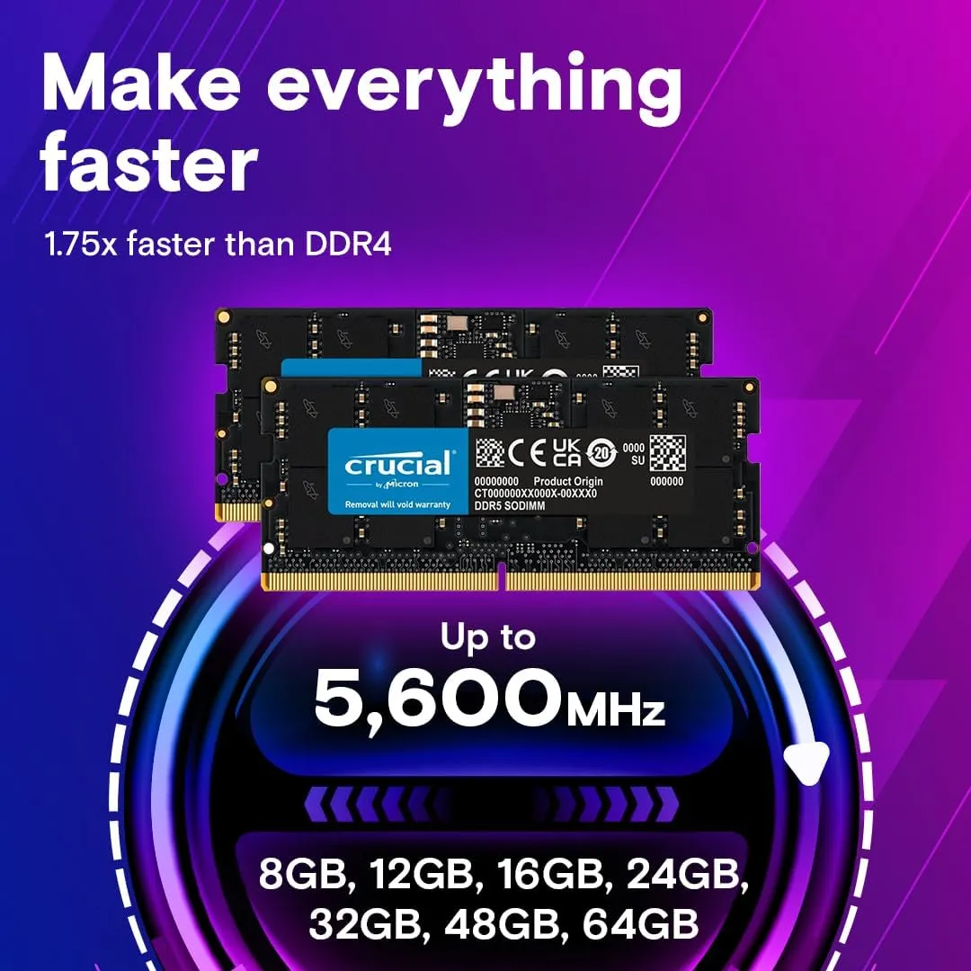 Crucial 48GB DDR5 RAM, 5600MHz (or 5200MHz or 4800MHz) Laptop Memory Kit, SODIMM 262-Pin, Compatible with 13th Gen Intel Core and AMD Ryzen 6000 - CT2K24G56C46S5