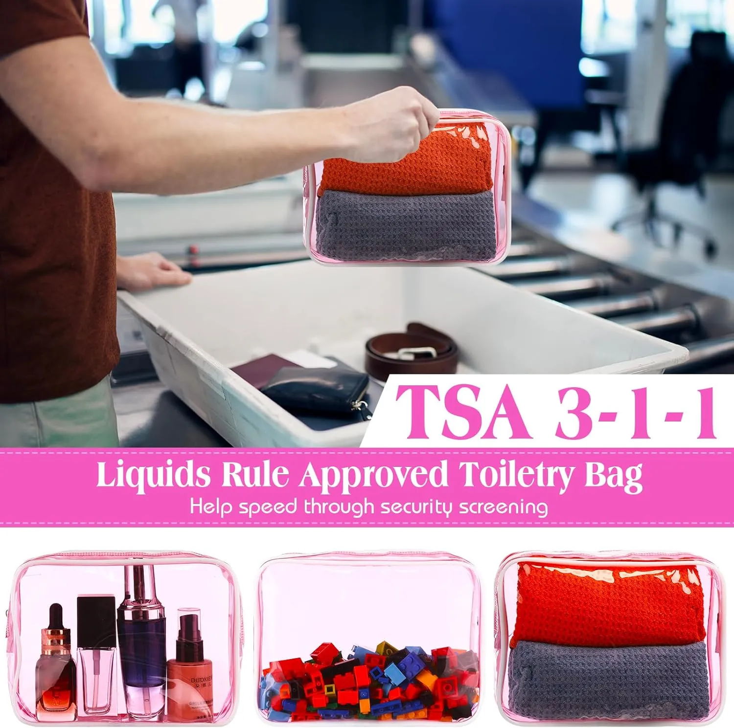 Cunno 60 Pcs Clear Toiletry Bag TSA Approved Cosmetic Bag Bulk Makeup Bag Travel Carry Airport Airline Compliant Bag for Women Men Summer Vacation Salon Mother Gift(Fluorescent Pink)