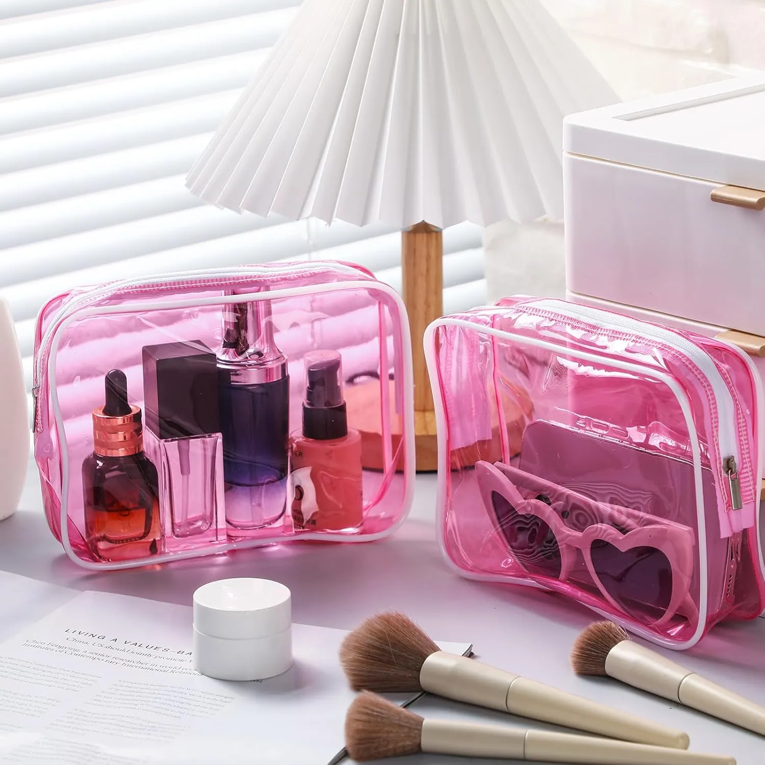Cunno 60 Pcs Clear Toiletry Bag TSA Approved Cosmetic Bag Bulk Makeup Bag Travel Carry Airport Airline Compliant Bag for Women Men Summer Vacation Salon Mother Gift(Fluorescent Pink)