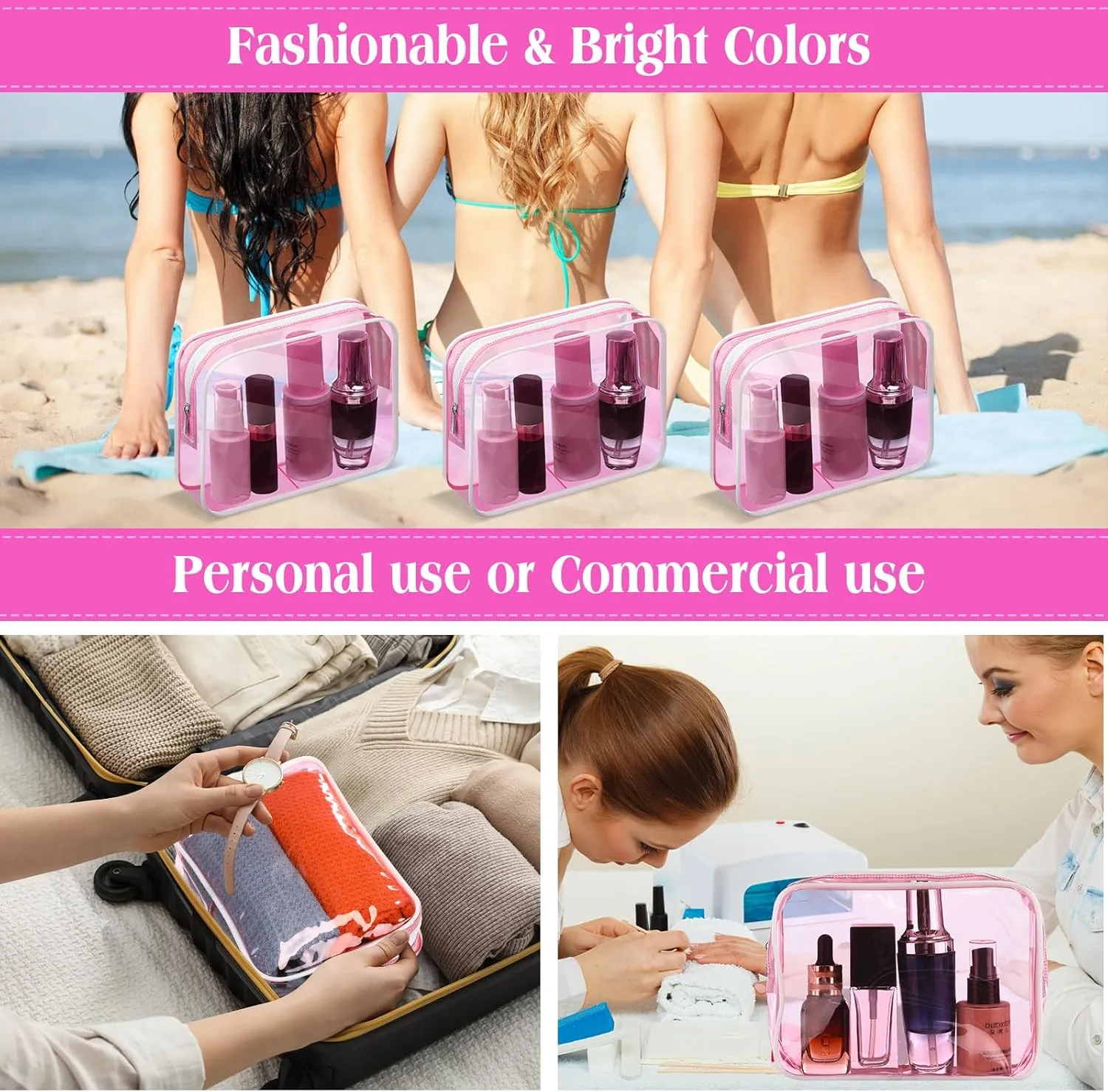 Cunno 60 Pcs Clear Toiletry Bag TSA Approved Cosmetic Bag Bulk Makeup Bag Travel Carry Airport Airline Compliant Bag for Women Men Summer Vacation Salon Mother Gift(Fluorescent Pink)
