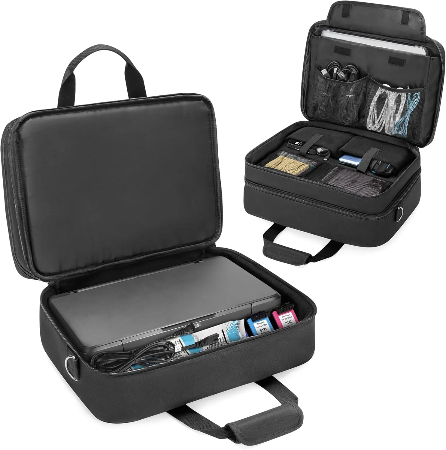 CURMIO Double Layer Printer Carrying Case Compatible with HP Tango/Tango X, OfficeJet 200/250, Wireless Mobile Printer Travel Bag with Luggage Strap and Pockets for 15.6’’ Laptop, Bag only