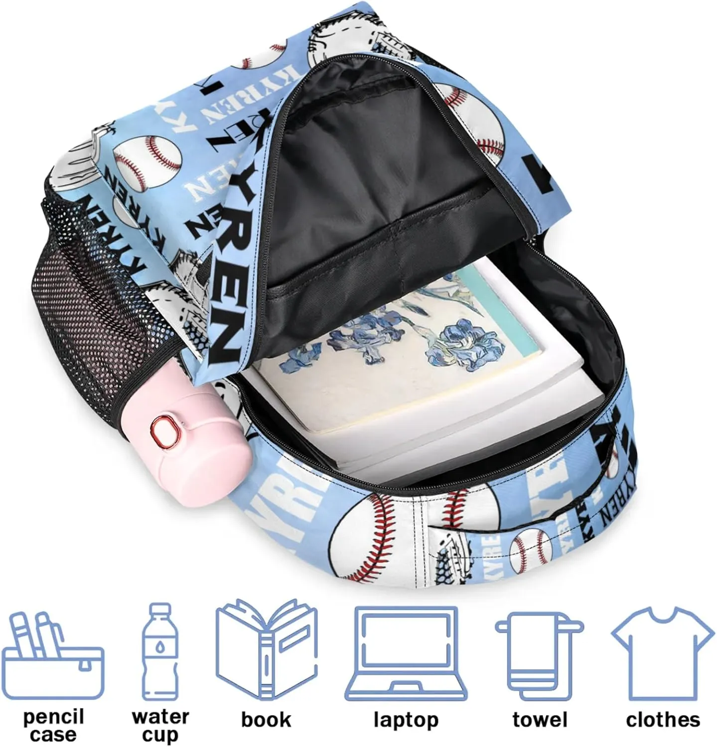 Custom Baseball Backpack for Men Women, Personalized Name Laptop Backpack, Sports Bag Lightweight Daypack for Travel Camping, Blue Purple