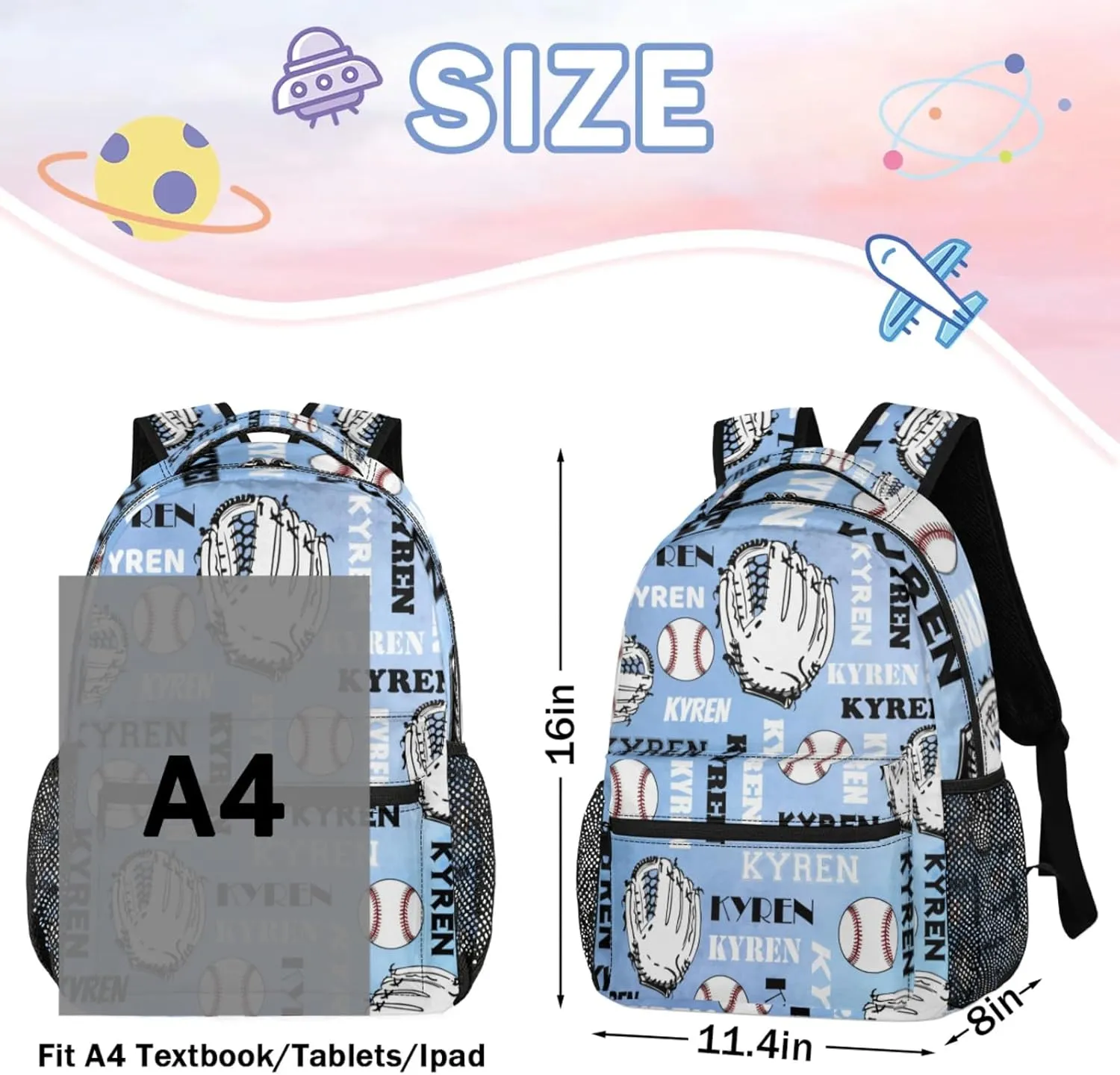 Custom Baseball Backpack for Men Women, Personalized Name Laptop Backpack, Sports Bag Lightweight Daypack for Travel Camping, Blue Purple