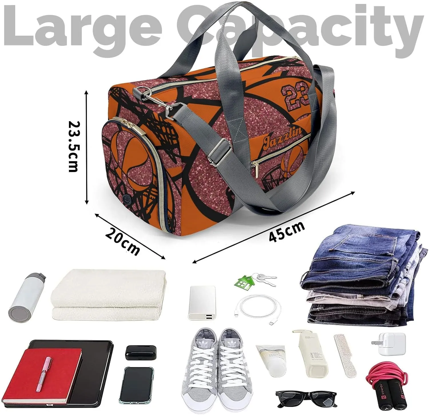 Custom Duffel Overnight Travel Bag for Sports Workout Girls Boys,Basketball Gym Maroon Personalized Duffle Bag Gifts