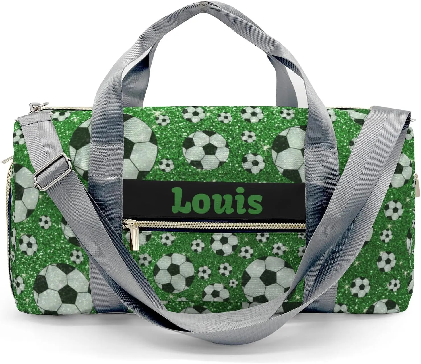 Custom Duffel Overnight Travel Bag for Sports Workout Girls Boys,Green Glitter Soccer Personalized Duffle Bag Gifts