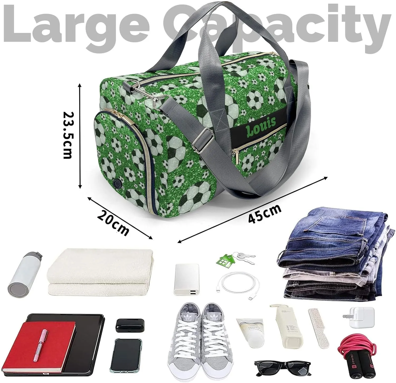 Custom Duffel Overnight Travel Bag for Sports Workout Girls Boys,Green Glitter Soccer Personalized Duffle Bag Gifts