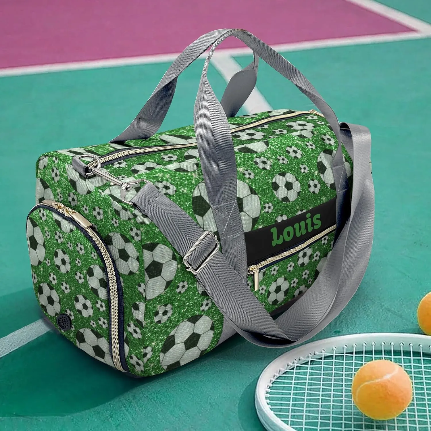 Custom Duffel Overnight Travel Bag for Sports Workout Girls Boys,Green Glitter Soccer Personalized Duffle Bag Gifts
