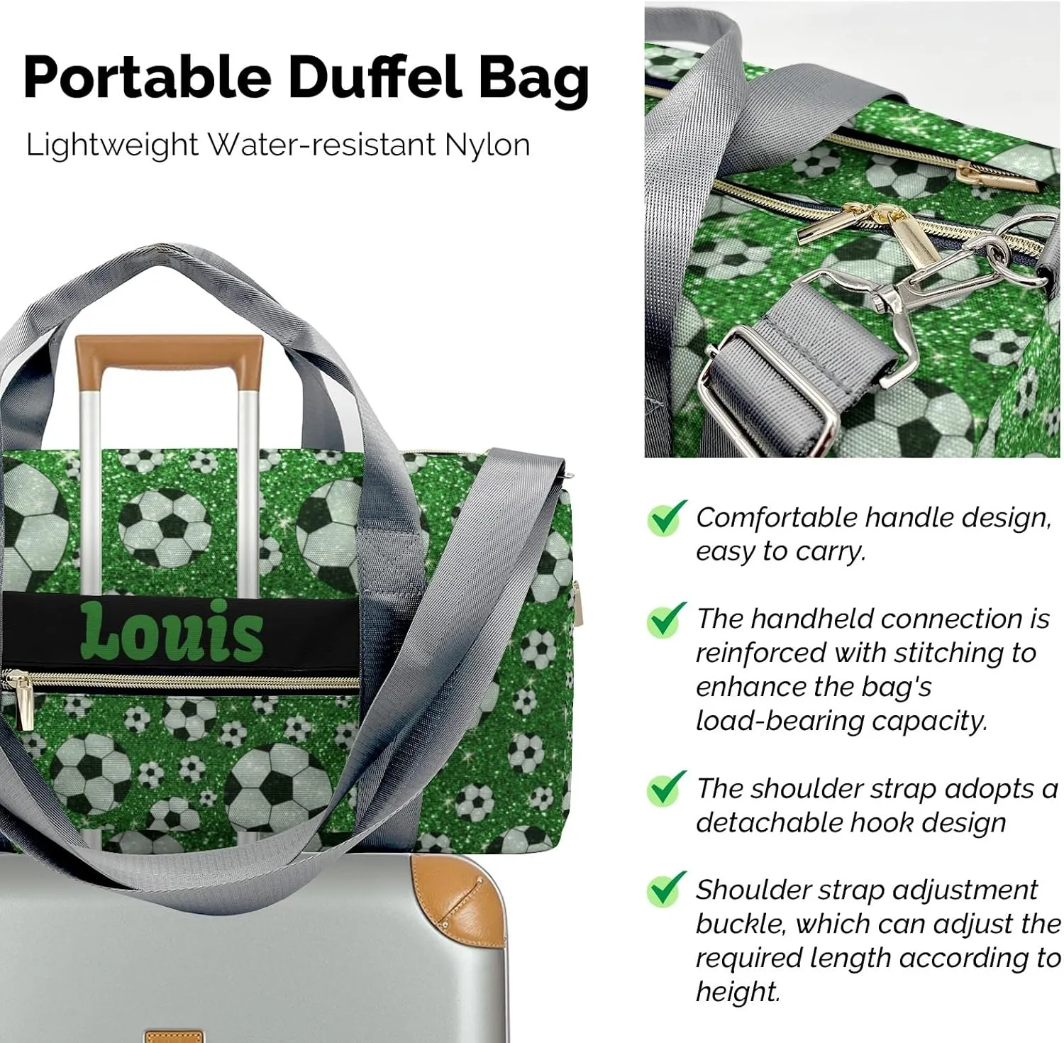 Custom Duffel Overnight Travel Bag for Sports Workout Girls Boys,Green Glitter Soccer Personalized Duffle Bag Gifts