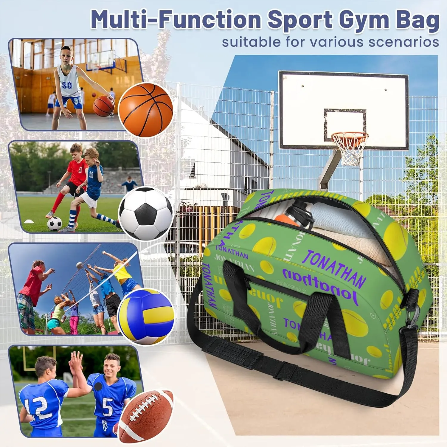 Custom-Personalize-Kids-Duffel-Bags with Name Text Carry-On Overnight Travel Gym Lightweight Dance Sports Bags For Girls Boys Kids Tennis