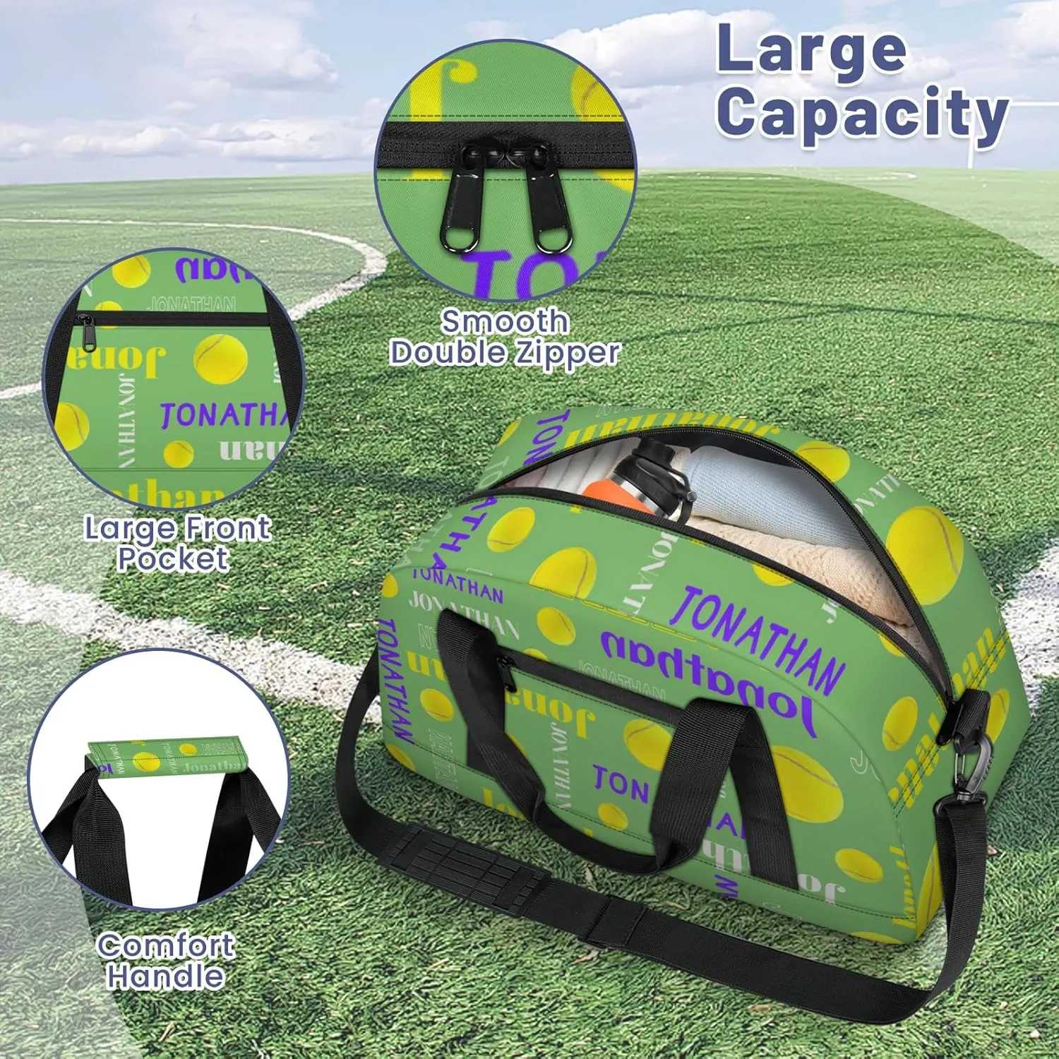 Custom-Personalize-Kids-Duffel-Bags with Name Text Carry-On Overnight Travel Gym Lightweight Dance Sports Bags For Girls Boys Kids Tennis
