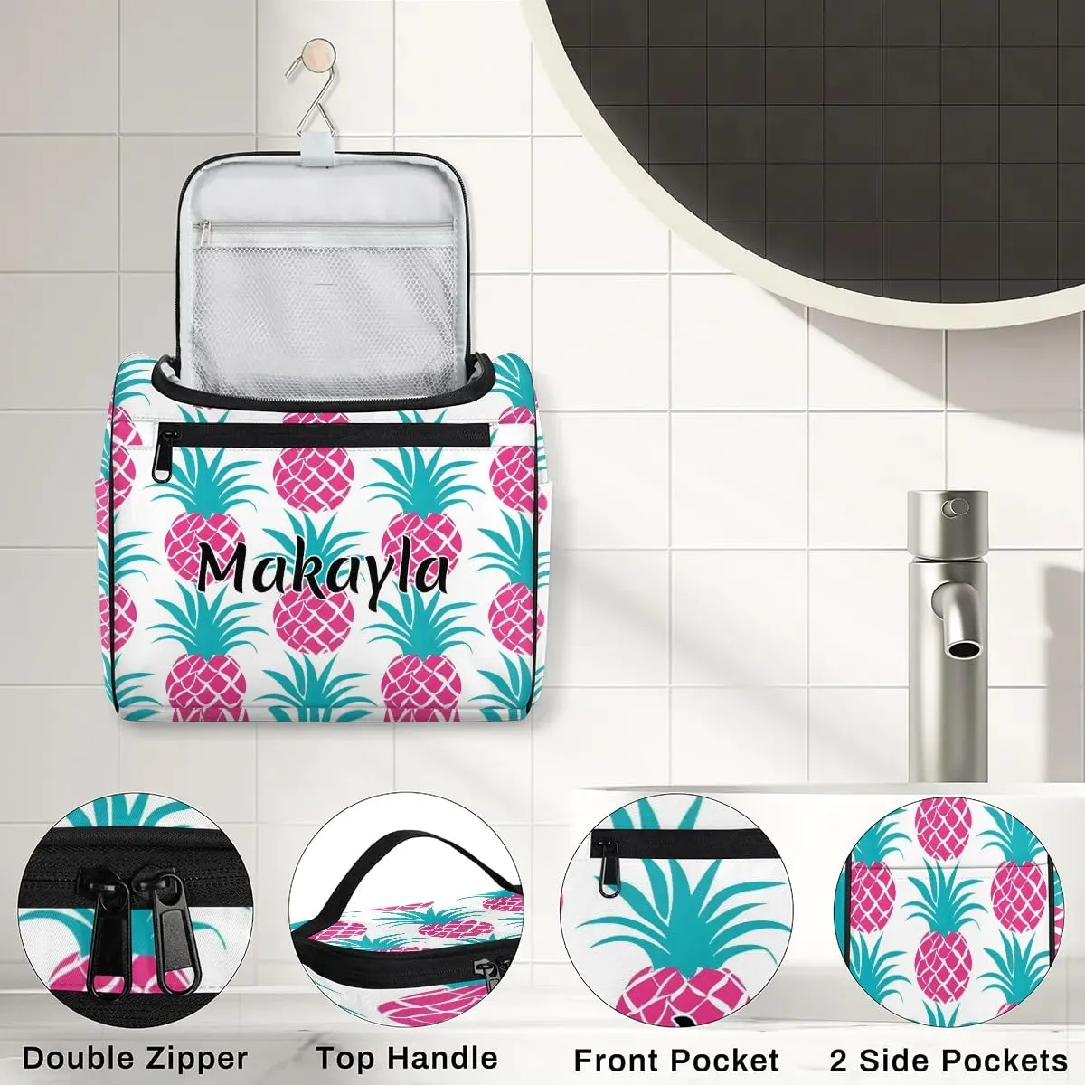 Customized Large Capacity Cosmetic Bag for Girls Women Personalized Cosmetic Storage Bag Portable Rose Red Pineapple Makeup Bag