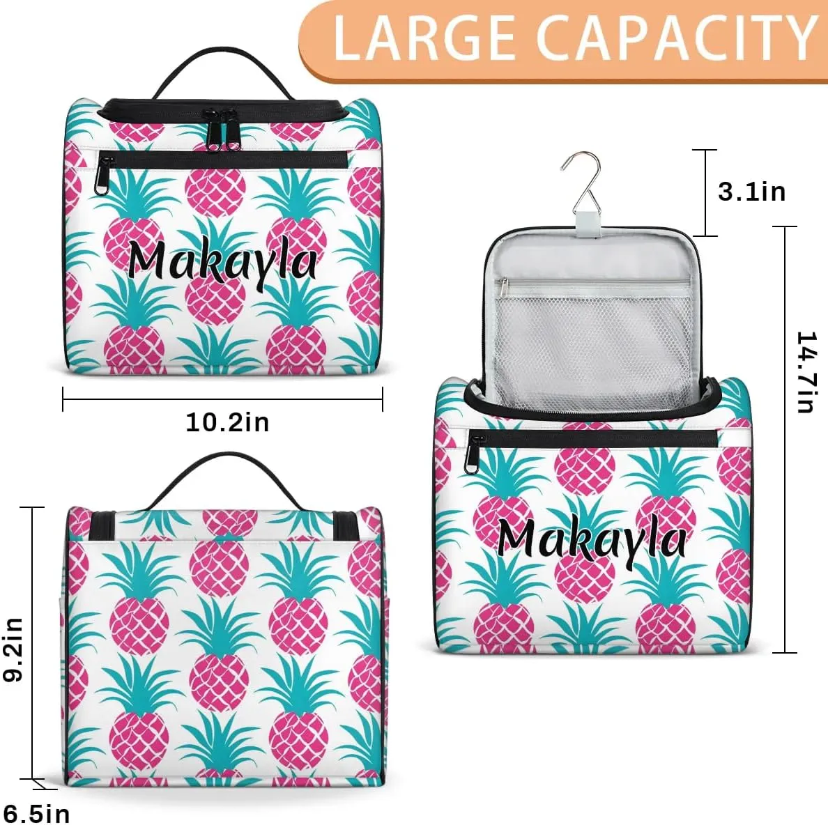 Customized Large Capacity Cosmetic Bag for Girls Women Personalized Cosmetic Storage Bag Portable Rose Red Pineapple Makeup Bag