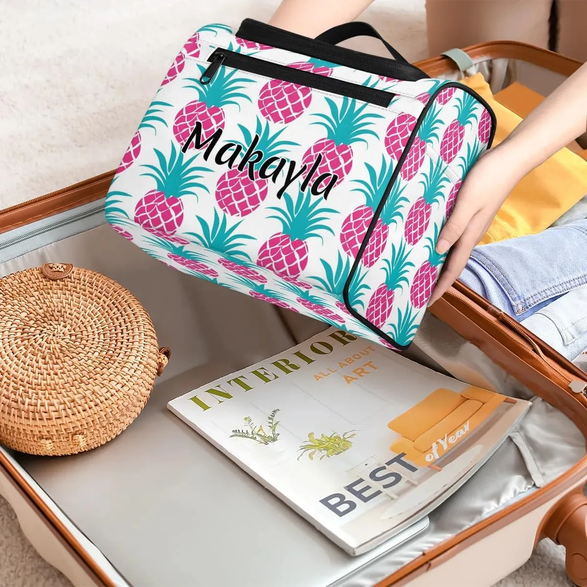 Customized Large Capacity Cosmetic Bag for Girls Women Personalized Cosmetic Storage Bag Portable Rose Red Pineapple Makeup Bag