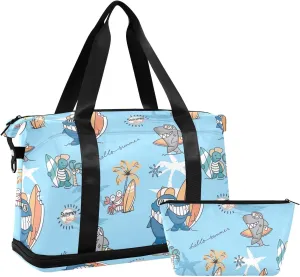 Cute Animals Surfers Men's Travel Bag Waterproof Womens Gym Bag, Mens Carry on Bags for Airplanes with Wet Pocket and Shoes Compartment