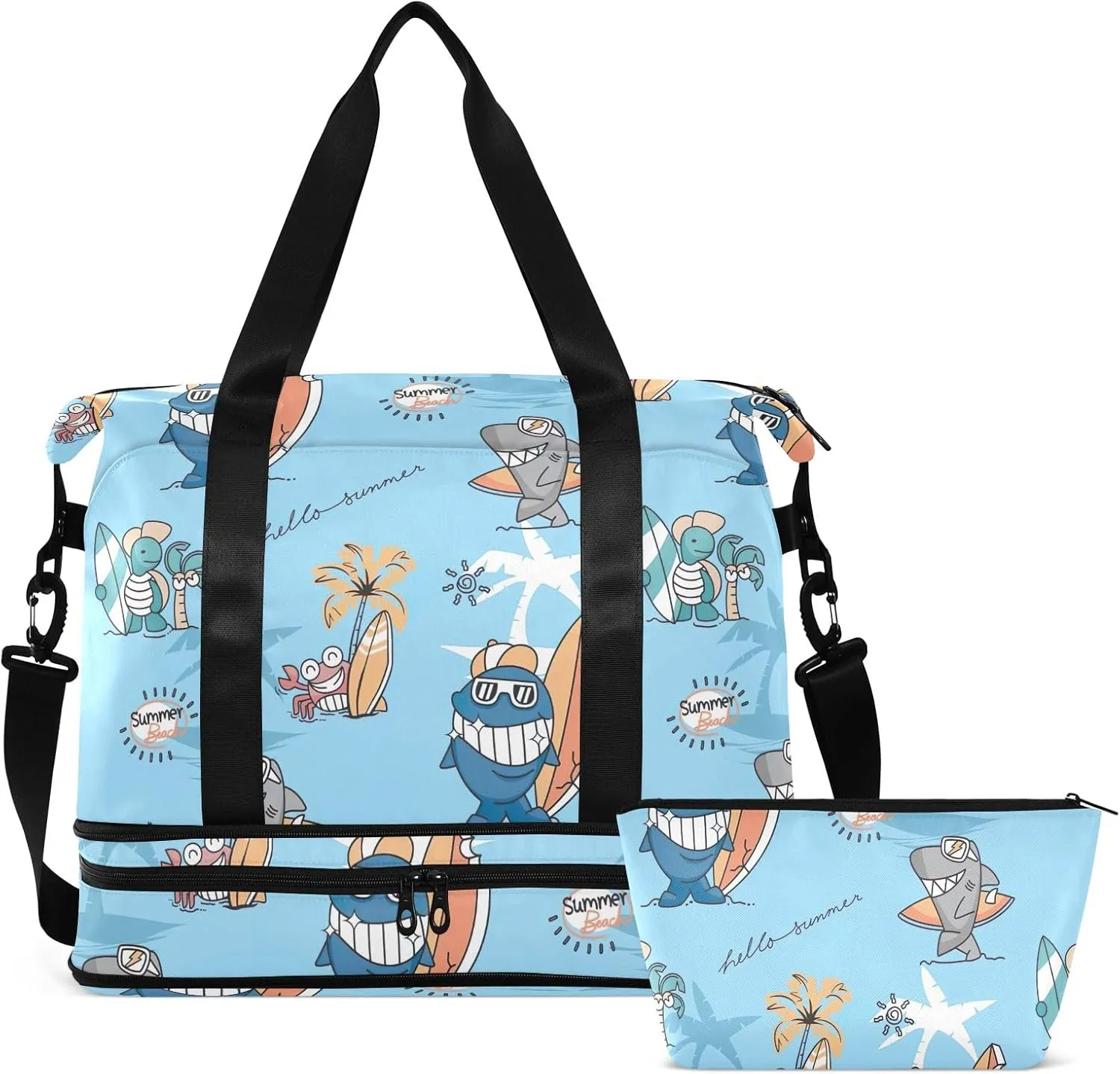 Cute Animals Surfers Men's Travel Bag Waterproof Womens Gym Bag, Mens Carry on Bags for Airplanes with Wet Pocket and Shoes Compartment