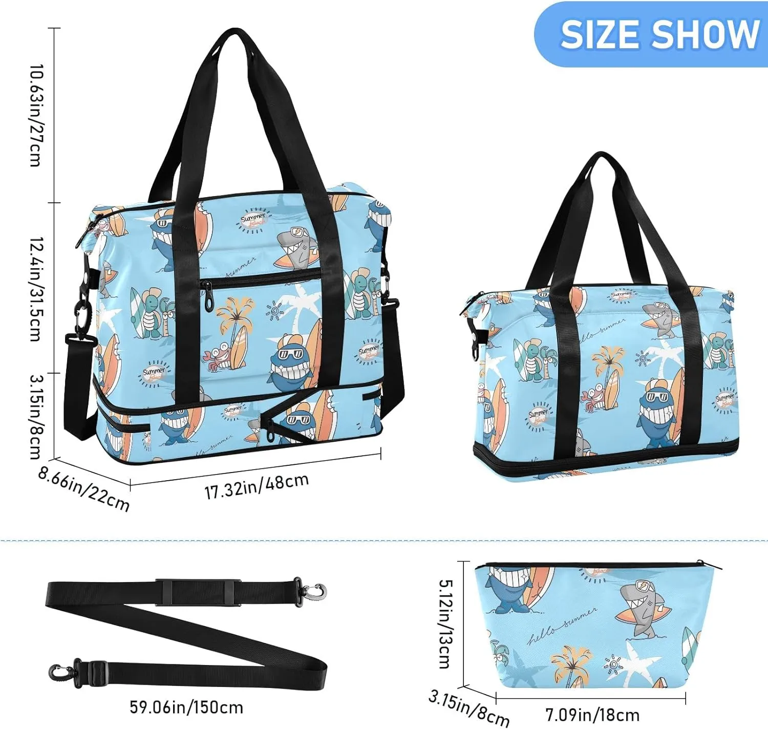 Cute Animals Surfers Men's Travel Bag Waterproof Womens Gym Bag, Mens Carry on Bags for Airplanes with Wet Pocket and Shoes Compartment