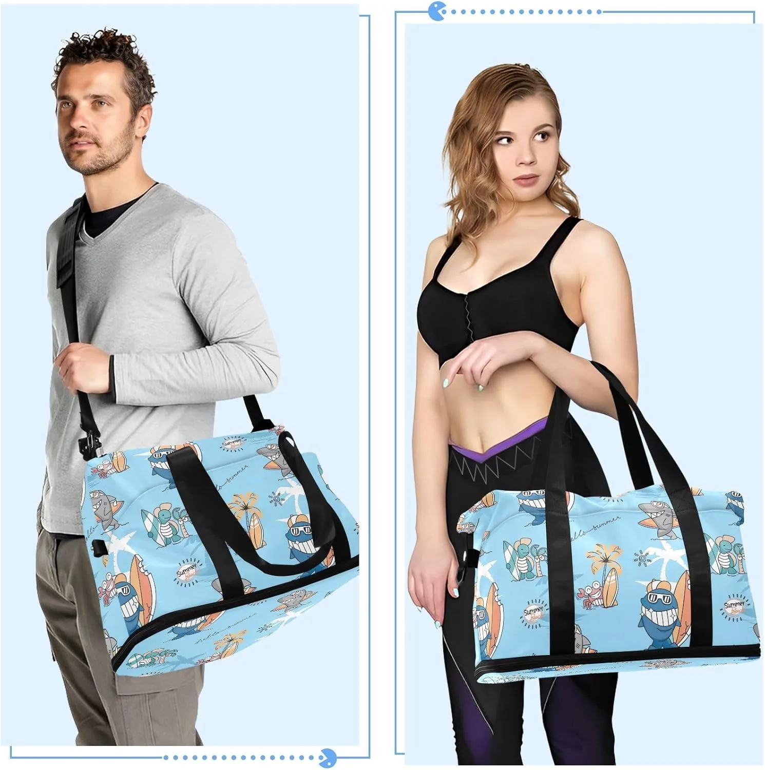 Cute Animals Surfers Men's Travel Bag Waterproof Womens Gym Bag, Mens Carry on Bags for Airplanes with Wet Pocket and Shoes Compartment