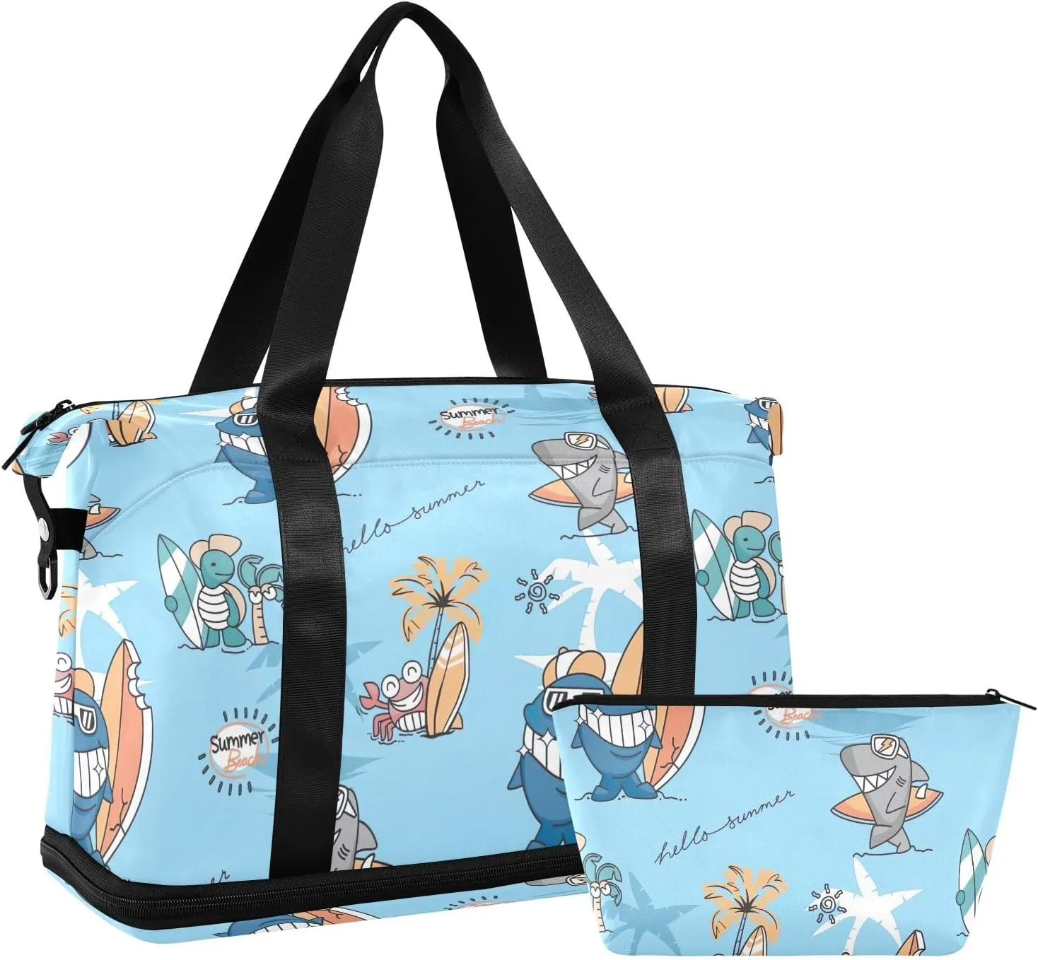 Cute Animals Surfers Men's Travel Bag Waterproof Womens Gym Bag, Mens Carry on Bags for Airplanes with Wet Pocket and Shoes Compartment