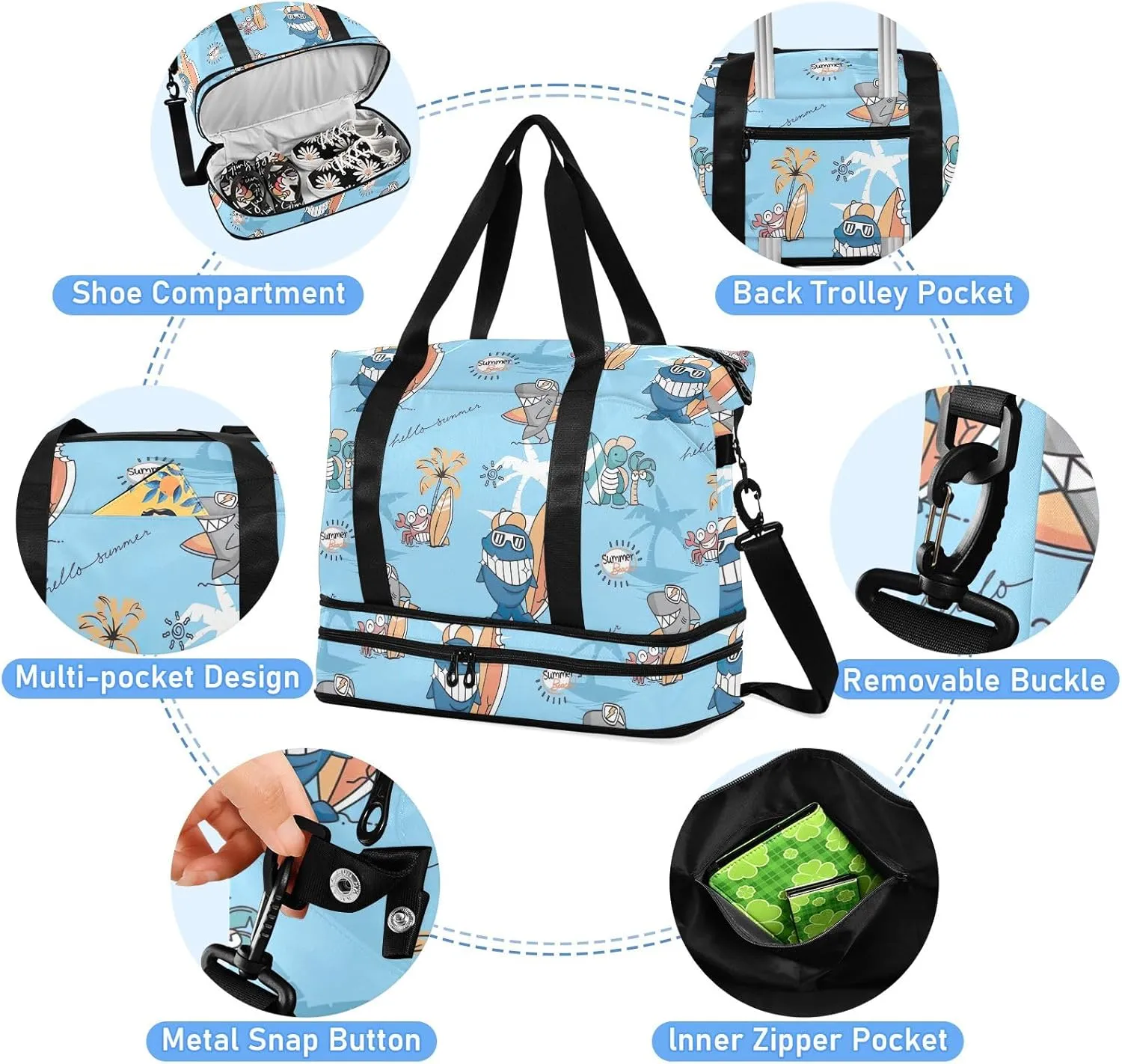 Cute Animals Surfers Men's Travel Bag Waterproof Womens Gym Bag, Mens Carry on Bags for Airplanes with Wet Pocket and Shoes Compartment