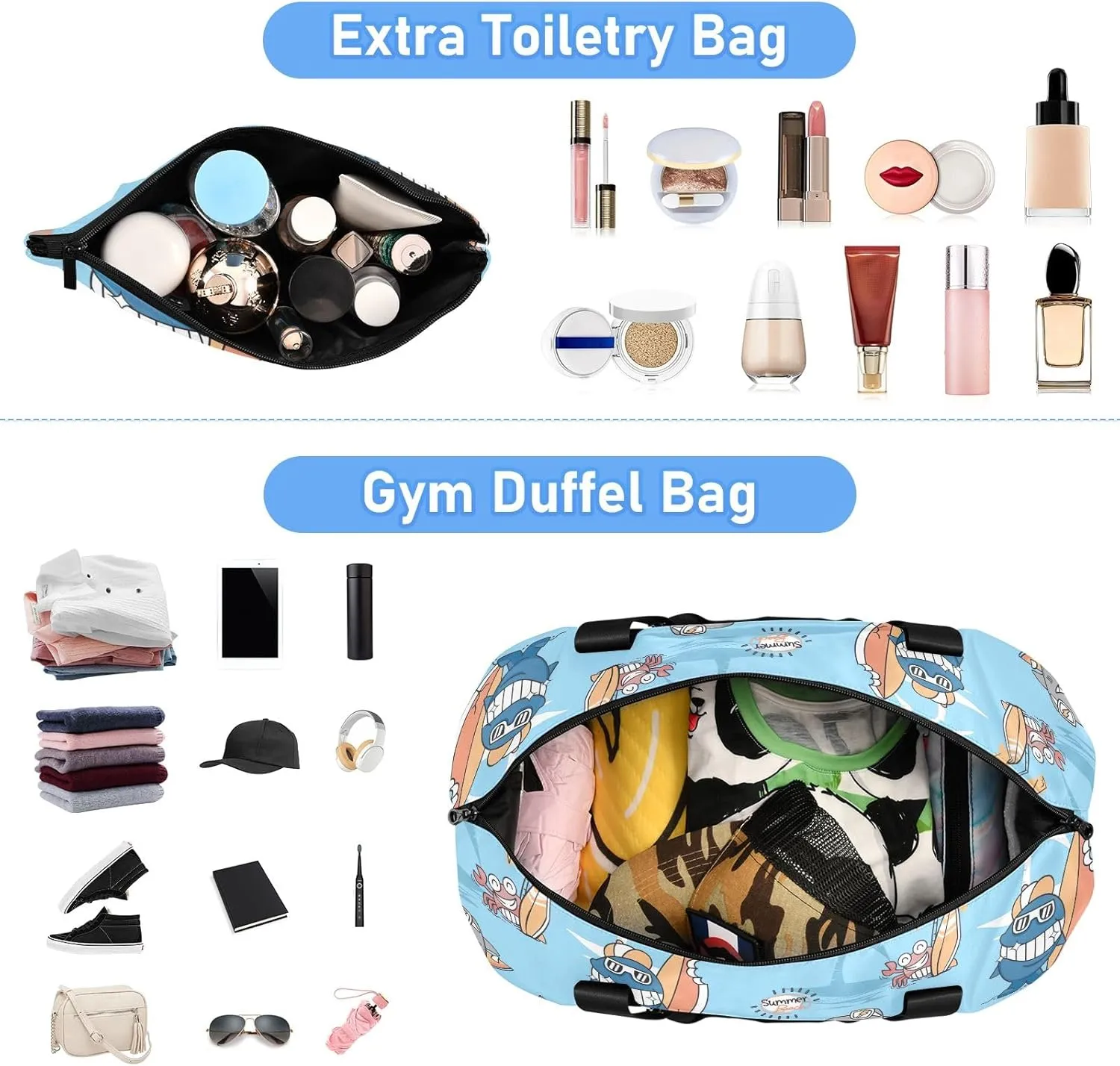 Cute Animals Surfers Men's Travel Bag Waterproof Womens Gym Bag, Mens Carry on Bags for Airplanes with Wet Pocket and Shoes Compartment