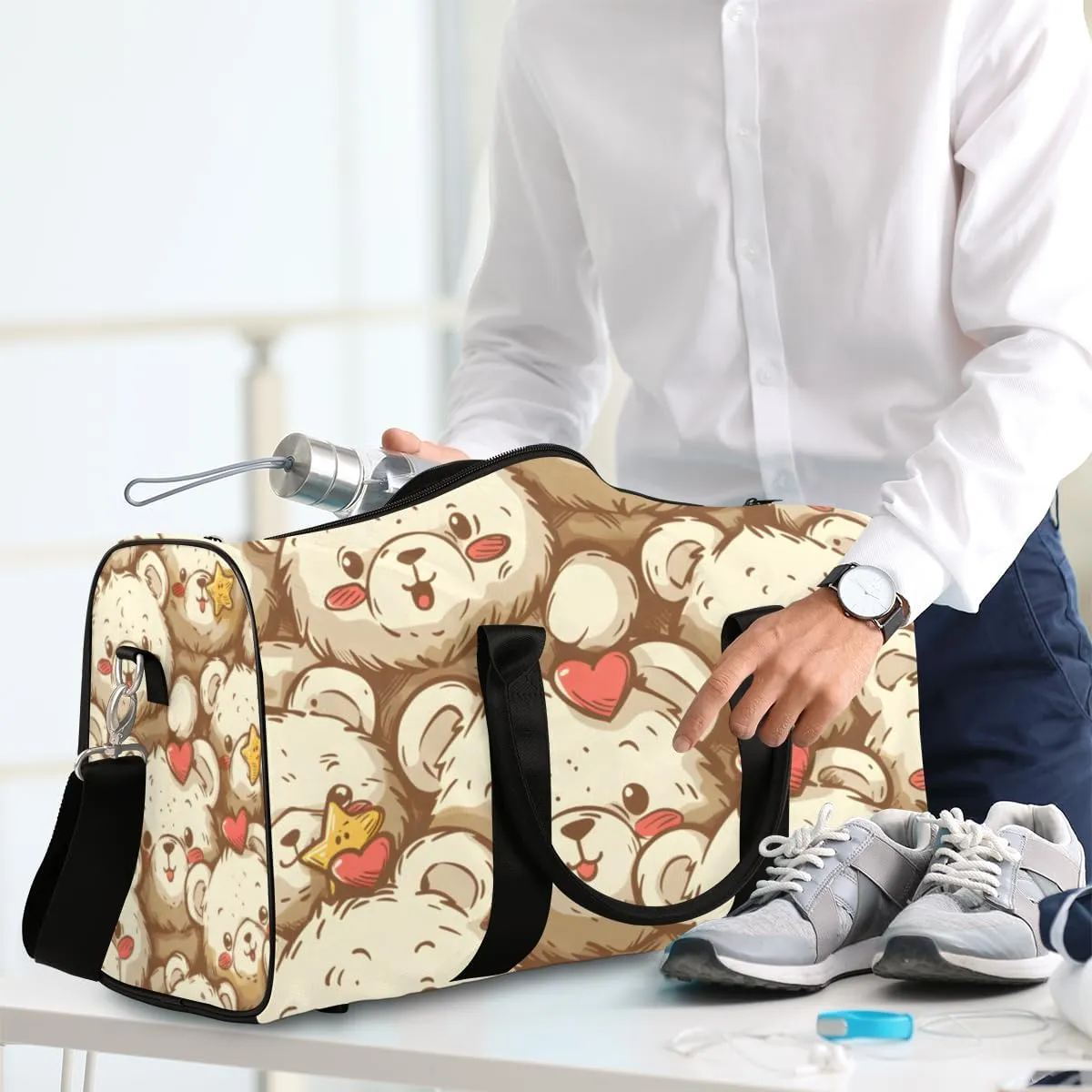 Cute Bears Travel Duffle Bag for Women Men Gym Duffel Foldable Bag Waterproof Weekender Love Star Duffle Tote
