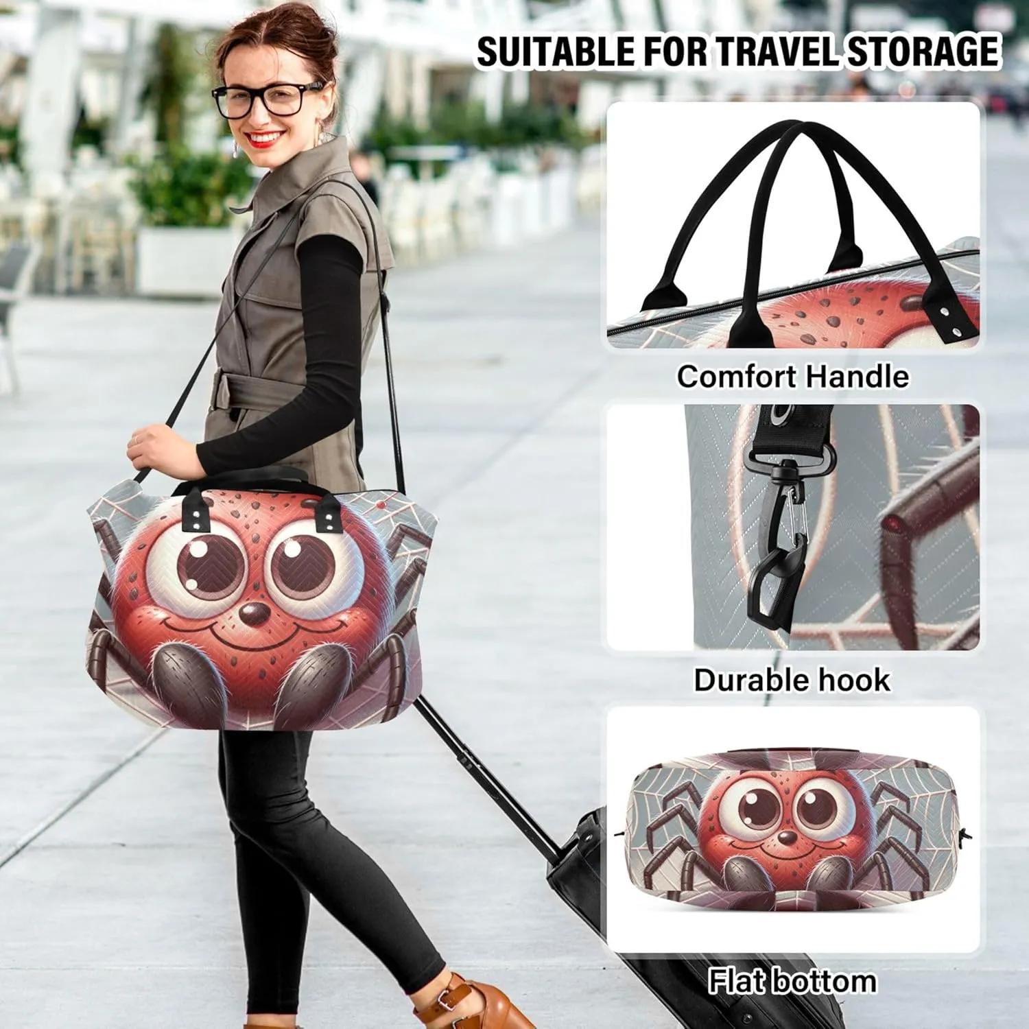 Cute Cartoon Spider Web Travel Duffle Women Makeup Pouch Set of 2, Modern Sports Dance Bag Weekender Travel Bag